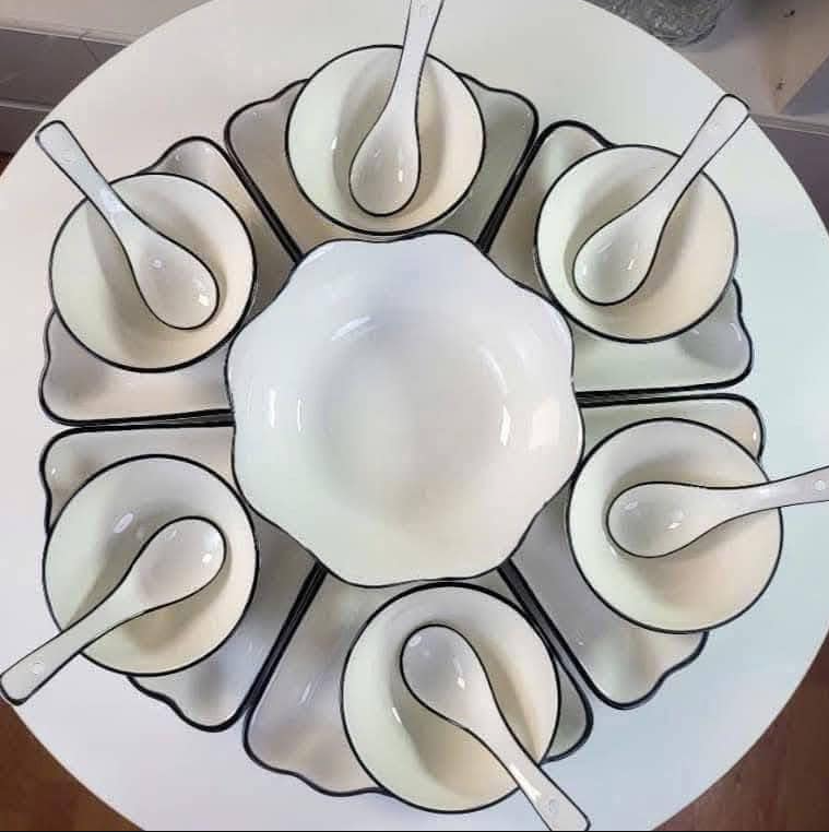 Bộ Bát Đĩa Hoa Mặt Trời Gốm Bát Tràng Vẽ Sen Xanh